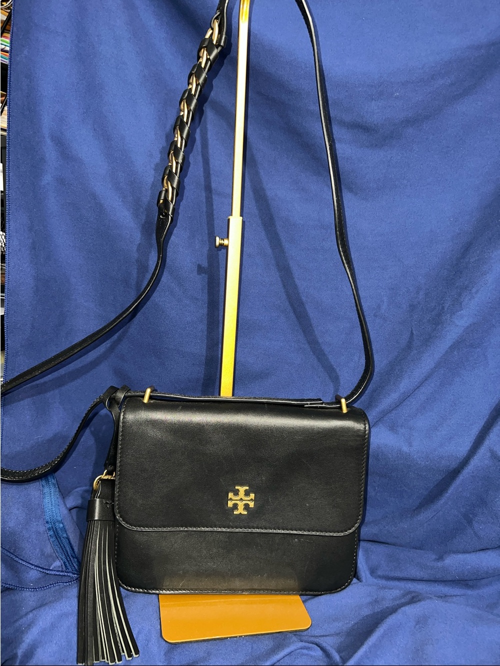 Tory Burch Black Leather Crossbody with Gold Logo and Tassel